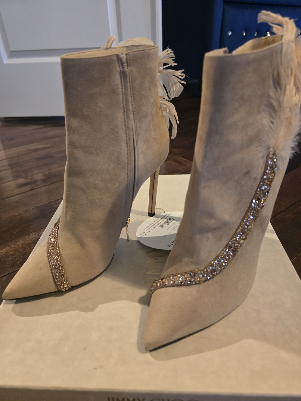 Jimmy Choo Beige Suede Feather-Trim Stiletto Ankle Boots with Crystal Detail